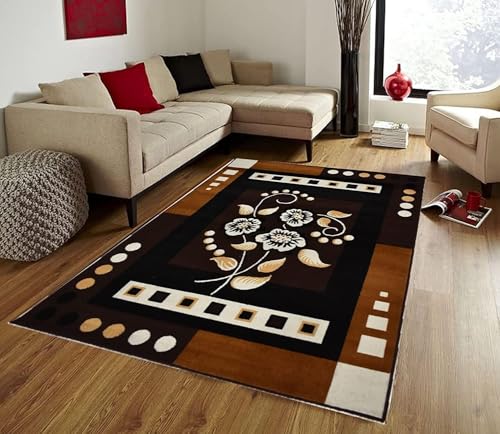 Image of Floral Acrylic Area Rug 5x7 Feet | Soft BCF Brown Living Room Bedroom Carpet Hall