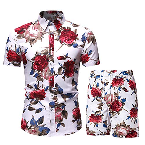 MANTORS Mens Floral Hawaiian Outfits 2 Piece Button Down Short Sleeve Shirt and Shorts Sets