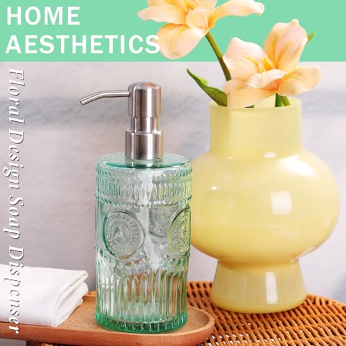 Image of 2 Packs 17 Oz Green Hand Soap Dispenser- Refillable Glass Soap Dispenser with Stainless Steel Pump for Kitchen and Bathroom - Elegant Floral Design for Bathroom Accessories