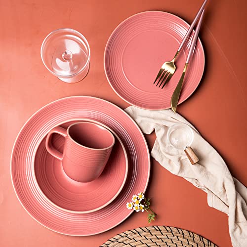 Arora RINGAR Round Stoneware 16pc Double Bowl Dinnerware Set for 4, Dinner Plates, Side Plates, Cereal Bowls, Pasta Bowls - Speckle Matte Red (395438) - Thumbnail 3