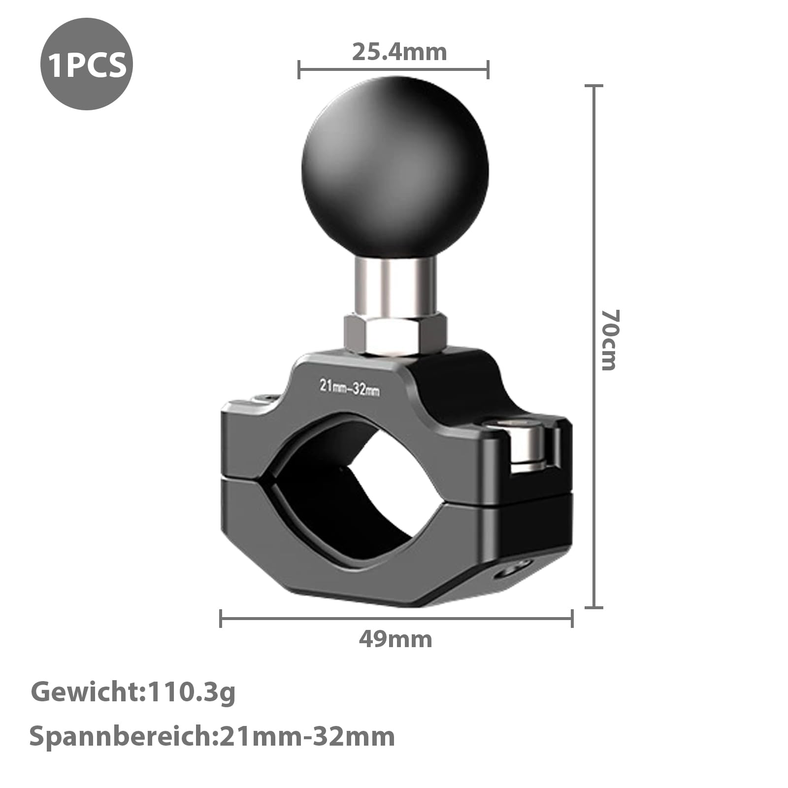 Motorrad Lenkerhalterung Montagebasis,Kompatibel mit RAM Mount, aus Aluminiumlegierung,Haltebereich 21mm-32mm,mit 1 TPU Kugel für Motorrad, Fahrrad, Spiegel, GoPro, Akaso