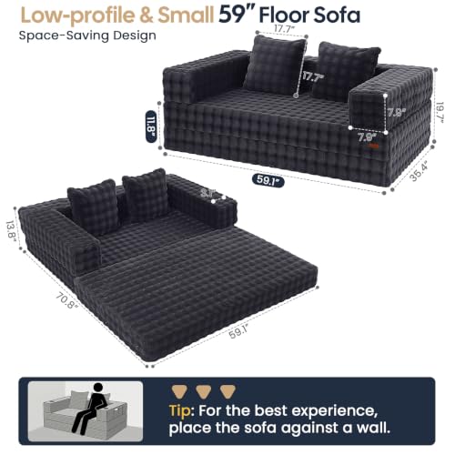 Image of COMAX Futon Sofa Bed, Convertible Sofa Bed, Folding Boneless Couches | Low-Profile Boneless Couch for Living Room, 11.8 inch H Low Seat Small 59 inch Foldable Floor Sleeper Mattress Lounge Space‑Saving