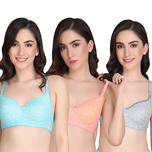 Image of Women Printed Padded Bra - Made of Pure Cotton Full Coverage Non Wired Seamless Pushup Soft Cup for T-Shirt Saree Dress and for Everyday