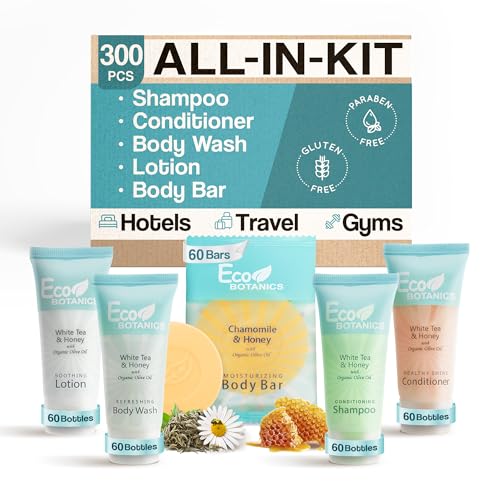 Eco Botanics Hotel Soaps & Toiletries Bulk Set | 0.85oz Hotel Shampoo & Conditioner, Body Wash, Body Lotion & Bar Soap Travel Size | 300 Pieces