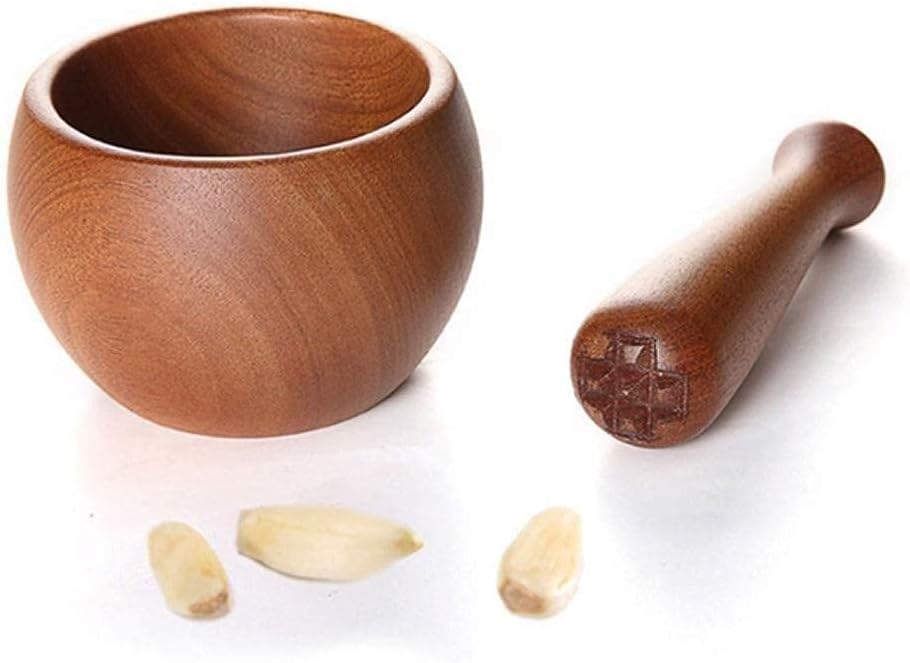Wooden Mortar and Pestle Set for Kitchen Ingredients - Manual Grinder for Spices and Seasonings - 3.7" Diameter