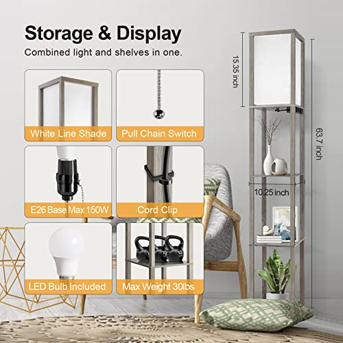 Outon Floor Lamp With Shelves, Led Modern Shelf Floor Lamp With 2 Usb Ports & Power Outlet, 3 Color Temperature, Storage Display Wood Column Standing Tall Lamp For Living Room, Bedroom, Office, Grey #TOP4