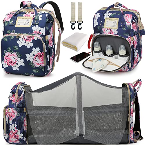 DBPBToU Zaino Fasciatoio con Fasciatoio Portatile, Borsa Fasciatoio con Letto, Zaino Mamma Multifunzione con Stampa Floreale, Mommy Bag Impermeabile Casual con Porta di Ricarica USB (azul marino)