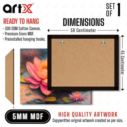 Image of ArtX Canvas Bloomed Lotus Painting For Vastu, Big Size Wall Art, Lotus Painting For Wall Vastu, Wall Decor, Multicolor, Nature, 58.0 X 45.0 cm, Set of 1