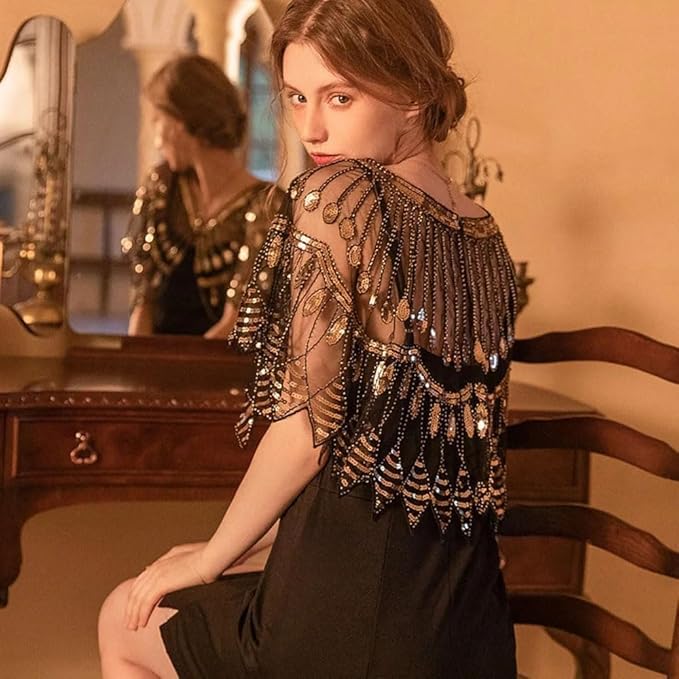 Damski wieczór cekinowy szal lata 20. sukienka vintage peleryna elegancki haft siatka kardigan trend okrycie akcesoria na imprezę studniówkę