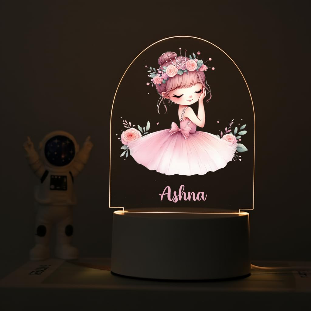 SNAPTRAP LED Name Light Customized for Girls | Personalized Princess Acrylic Night Lamp with Custom Name | Fairy, Ballerina & Royal Dress Designs | USB Nursery Night Light Gift (Blossom Ballerina)-image-36
