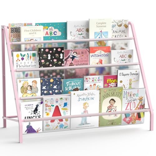 Image of HAVEDAWN High-Transparent 4 Tier Kids Bookshelf, Sturdy Metal Large Size Book Rack Storage for Kids - Toddler Book Shelf Display for Nurasery, Playroom or Kids Room, Bookshelf Hold More Books - Pink