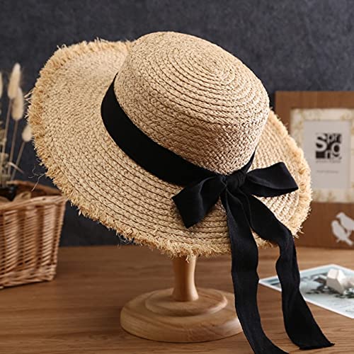 UKKO-Chapeau-de-Paille-Summer-Sun-Hat-Bow-Raffia-Hat-Visor-Temperament-Flat-Straw-Hats-Womens-Sea-Beach-Vacation-Leisure-Sunscreen-Hats
