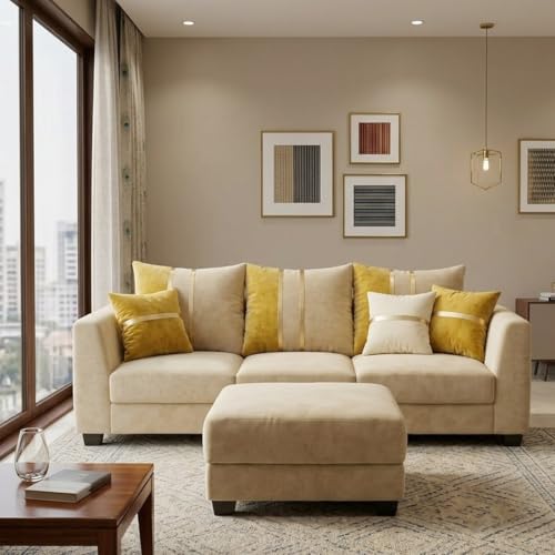 Image of Vero 4 Seater L Shape Sofa Set with Movable Ottoman | Flexible Left or Right Layout | Luxury Velvet Suede Fabric | Modern Living Room Sofa | Cream