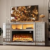 IKIFLY Mirrored Fireplace TV Stand for 65+ inch TV, Silver TV Console Table with Crushed Diamond and LED, Modern Media Entertainment Center with Storage for Living Room, Bedroom and Office
