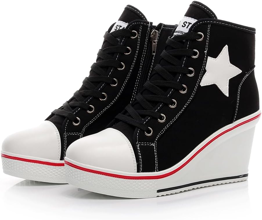 Mei MACLEOD High Heel Wedge Sneakers for Women Casual Lace Up Canvas Shoes for Ladies Platform Wedge Shoes AnkleBooties