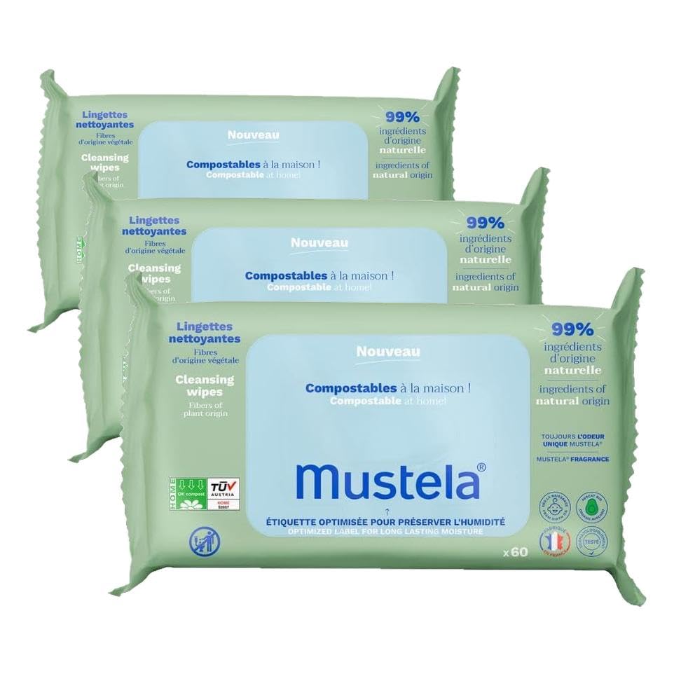 Mustela Toallitas Higiénicas Perfumadas Compostables, 100% Fibras Lyocell de Origen Vegetal, Cuerpo y Maquillaje, Bebé y Familia - 99,5% Ingredientes de Origen Natural (60 uds) (Paquete de 3) en oferta en Amazon