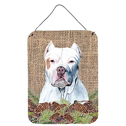 Caroline's Treasures SC9042DS1216 Pit Bull Faux Burlap and Pine Cones Wall or Door Hanging Prints Aluminum Metal Sign Kitchen Wall Bar Bathroom Plaque Home Decor Front Door Plaque, 12x16, Multicolor