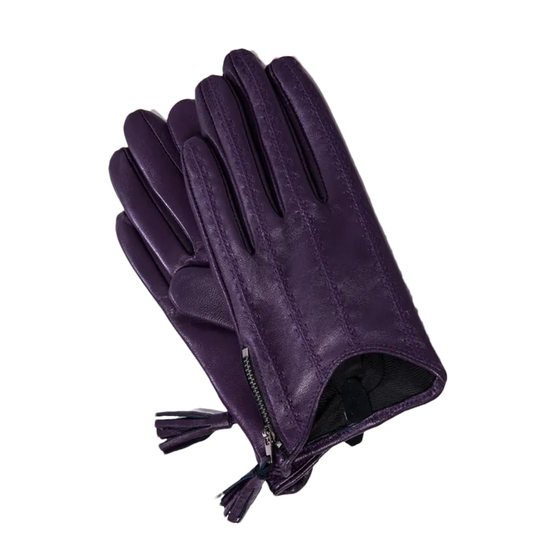 Guantes de conducción con flecos de poliuretano para mujer, estilo corto, con cremallera, para otoño e invierno, con forro de terciopelo, color morado, talla L, Negro, L