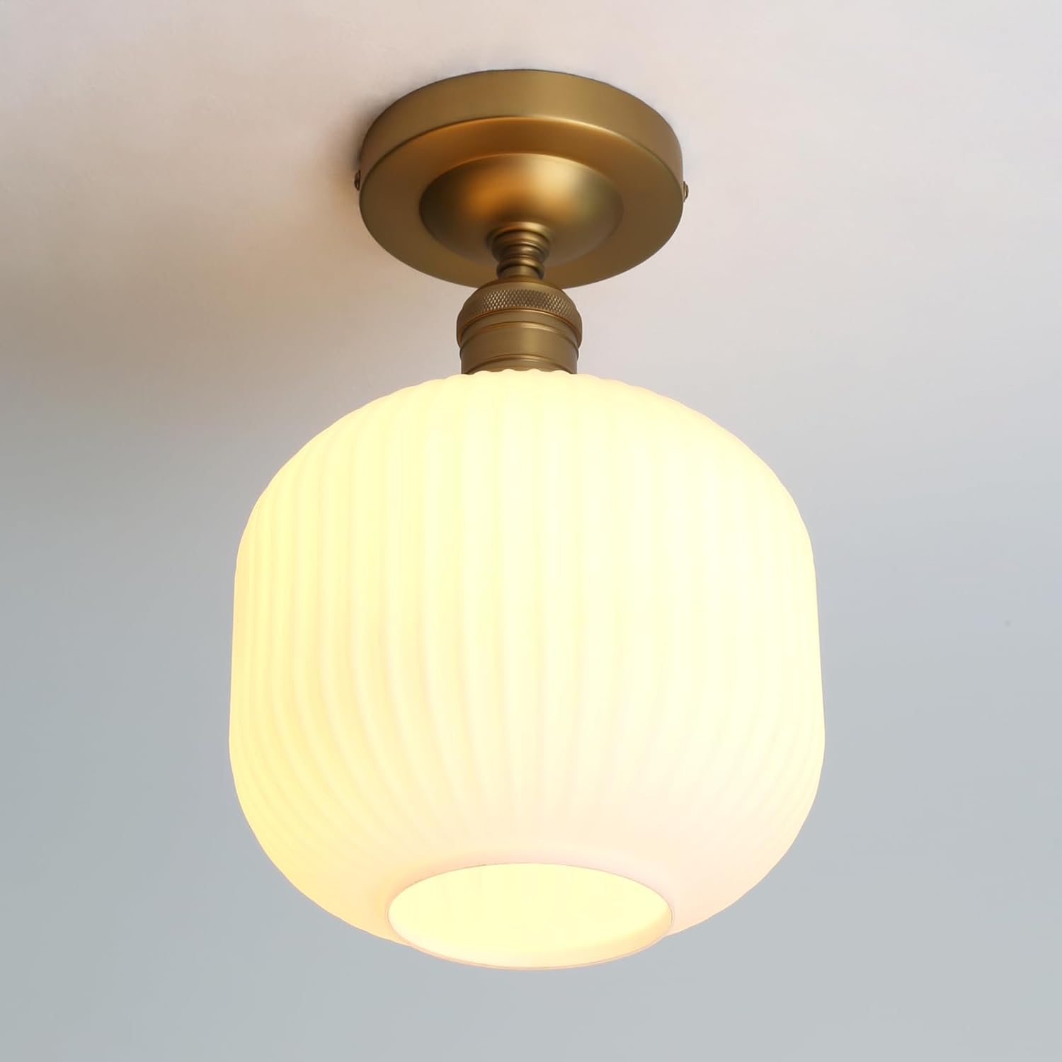 Pathson Vintage Flush Mounted Ceiling Light with Milk White Glass, Brushed Brass Modern Ceiling Lamp Fixture for Farmhouse Hallway Foyer Loft Living Room Bedroom