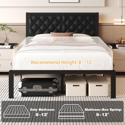 Full Bed Frame with Headboard PU Leather Upholstered Bed Frame Platform,All Metal Slats Support Platform Bed Frame with Storage Space,Easy Assembly,Noise Free,No Box Spring Needed,Black