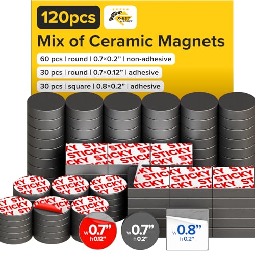 Image of Strong Ceramic Round and Square Magnets with Adhesive Backing (3 Sizes Mix, 120 pcs) - Heavy Duty Sticky Magnets, Non-Corrosive, Versatile for Home, Office, Workshop, Whiteboard, Fridge and Hobby Use