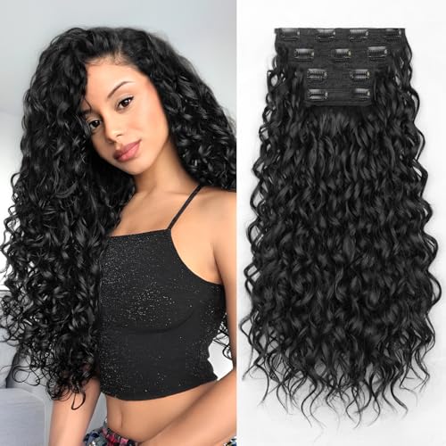 PHADRIA Curly Clip in Hair Extensions,4PCS 20 Inch 100％ Pure Protein Silk Hair Extensions long...