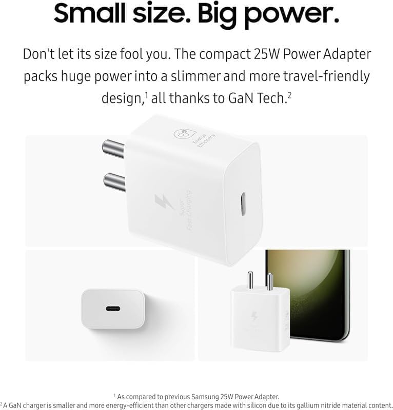 Image of Gan 25W Type C PD Charger Adapter Compatible with Samsung Galaxy M06 /M05 /M16 /M15 /M36 /M35 /A16 /F06 /A36 /M14 /F14 /A14 /M34 /F34 /F35 /S25 /S24 /S23 /Tablet /Pad for Super Fast Charging Quick Charge /White