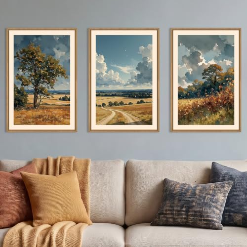 Image of KAIRNE Vintage Country Landscape Framed Canvas Wall Art,Watercolor Pastoral Tree Wall Decor,Neutral Fall Scenery Art Prints,Retro Field Wilderness Artwork for Living Room,Bedroom,Farmhouse-16 x24 x3