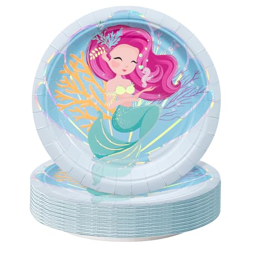 RUSPEPA Paquete de 25 platos de papel de sirena - Platos desechables de conchas de sirena de 7...