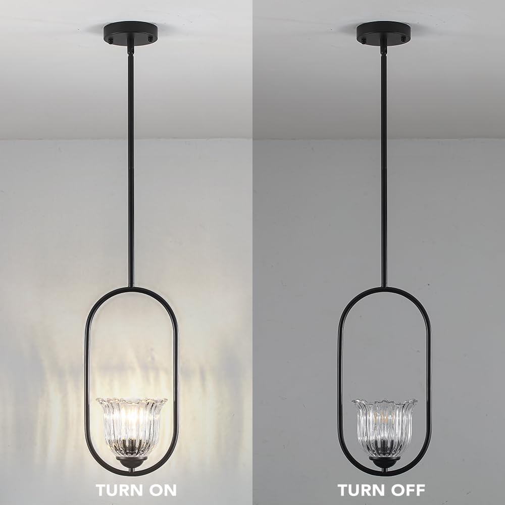 Modern Pendant Lights 1-Light, Black Pendant Light with Flower Shape Glass, Mid Century Pendant Light Fixtures for Kitchen Island Dining Room Bedroom