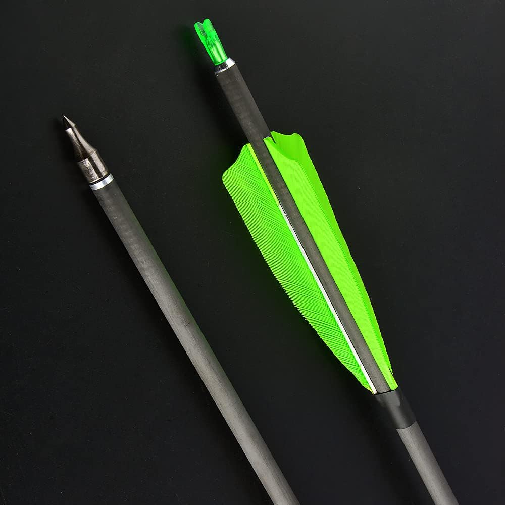 SHARROW 33 Zoll Carbon Pfeile für Bogenschießen Carbonpfeil Spine 400 Jagd Pfeile Carbon Jagdpfeile mit 4 Zoll Natürliche Federn Pfeile für Pfeil Bogen Recurvebogen Compoundbogen Jagd (grün, 12p)