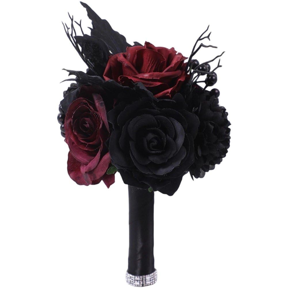 Casiler Black Gothic Wedding Bride Bouquet, Artificial Rose Flowers Bouquet, Fake Bouquets For Bridal Bridesmaid Wedding Engagement