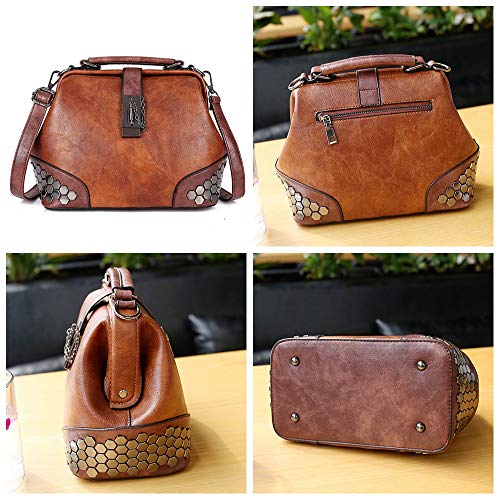 Mn&Sue Gothic Rivet Studded Vintage Doctor Style Cross Body Convertible Bucket Shoulder Handbag For Women (Brown) #TOP1