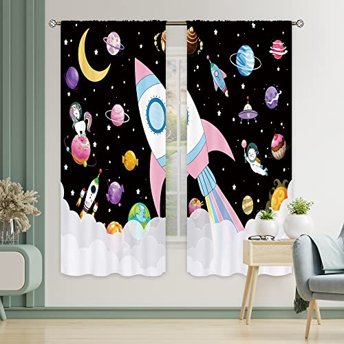 Cinbloo Kids Outer Space Curtain 42Wx63H Inch Rod Pocket Girl Cartoon Candy Planet Galaxy Nursery Colorful Rocket Moon Dessert Bedroom Decor Child Starry Sky Playroom Window Drapes Fabric 2 Panel #TOP4