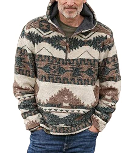 CHARTOU Men's Thermal Fluffy Hoodies 1/4 Zipper Faux Fur Sherpa Aztec Print Sweatshirt Pullover