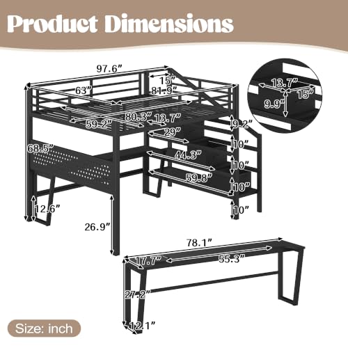 Image of Bellemave Queen loft Bed with Movable Desk and Storage Stairs, Shelves, Metal Loft Beds with LED Lights, USB Ports, Multifunctional Iron Nets for Adults, Kids, Teens, Black