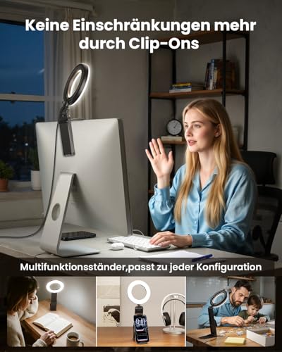 Upgrade Ringlicht Laptop Handy PC 5” Videokonferenz Licht,Evershop Ringleuchte Ringlampe mit Stativ&Handyhalter 3 Lichtfarben+10 Helligkeiten 360°Drehbar Beleuchtung für Homeoffice,YouTube,TikTok 3