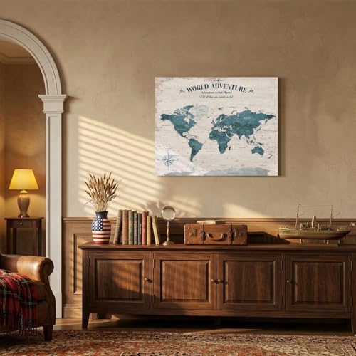 Image of IPIC - Antique Blue World Travel Map, Pin Board Canvas Wall Art, Travel Map with Pins Included, Ready to Hang for Home or Office, 30x24 Inch