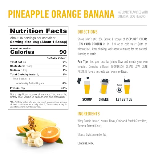 Image of Isopure Clear Whey Isolate Protein Powder, Lactose Free, Gluten Free, Naturally Flavored, Pineapple Orange Banana, 20g Protein Per Serving, 14.1 Oz, 16 Servings (Packaging May Vary)