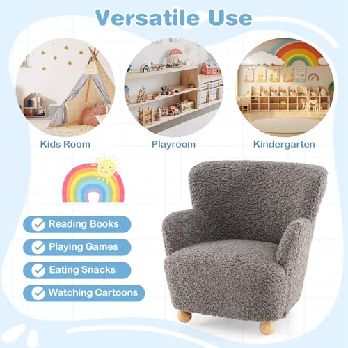 Image of KOTEK Comfy Toddler Chair, Sherpa Kids Armchair with Rubber Wood Legs, Children Reading Chair for Boys & Girls, Upholstered Kids Sofa for Playroom Bedroom Nursery (Grey)