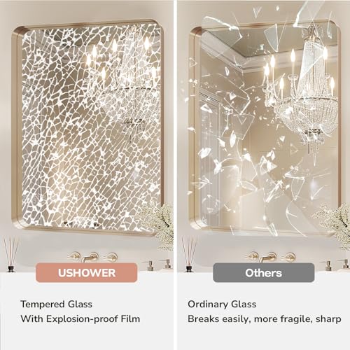 Image of USHOWER Gold Bathroom Mirror 22 inchx30 inch, Brushed Champagne Gold Rectangle Mirror for Over Sink, Aluminum Frame, Anti-Rust, Tempered Glass, Horizontal or Vertical Mounted