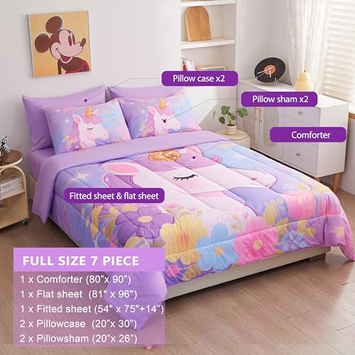 Image of Unicorn Bedding Full Size for Girls 7 Piece,3D Colorful Purple Unicorn Comforter Set for Girls, Ultra Soft and Fluffy, Flower Bed Set with Comforter Sheets Pillowcase & Sham