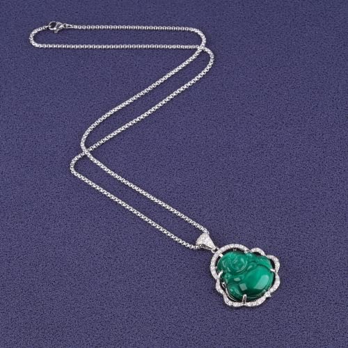 Image of ASGIFT Laughing Buddha Necklace Cubic Zirconia Green Jade Buddha Pendant with 18K Gold Plated Chain Lucky Buddha Necklace Jewelry Gift