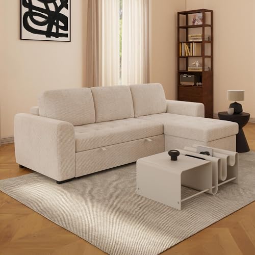 Mobilier-Deco Emeline - Canapé d'angle réversible Convertible avec Coffre en Velours côtelé Beige