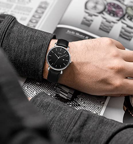 Image of BUREI Men's Fashion Minimalist Wrist Watch Analog Date with Leather Strap