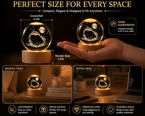 Image of Quace 3D Dolphin Crystal Ball Lamp, LED Crystal Globe Night Light with Wooden Base, USB Decorative Table Lamp for Bedroom Decor, Desk Decor, Birthday & Housewarming Gift