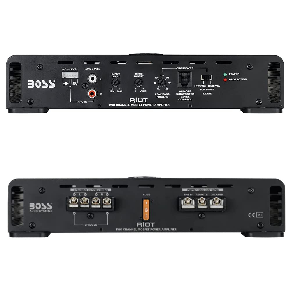 KIT SET POUR BOSS AUDIO SYSTEMS RIOT R4002 Amplificateur 2 canaux 800 watts max classe a/b avec éclairage LED Bass Boost, 1 pièce + remote incluse