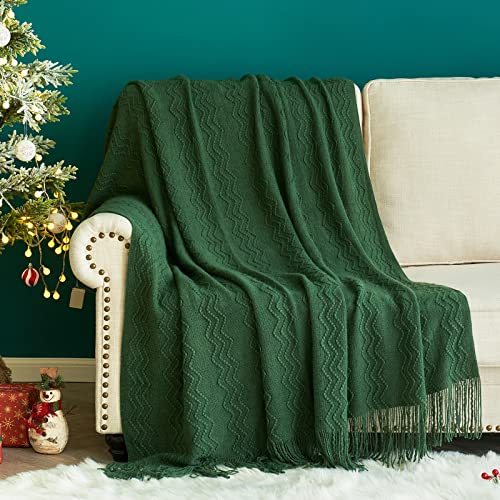 MIULEE Christmas Dark Green Knitted Throw Blanket for Couch Boho Textured Cozy Woven Blanket with Tassels for Sofa Chair Bed Living Room Acrylic Wave Pattern 50