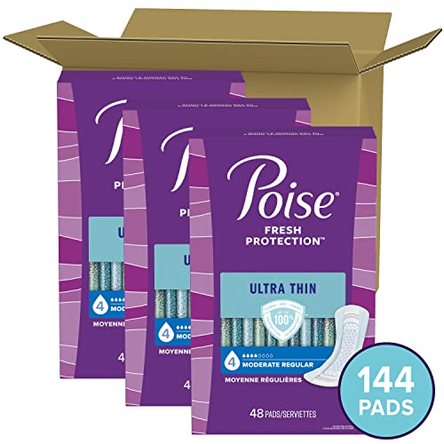 Poise Ultra Thin Incontinence Pads & Postpartum Incontinence Pads, 4 Drop Moderate Absorbency, Regular Length, 144 Count, Packaging May Vary #TOP1