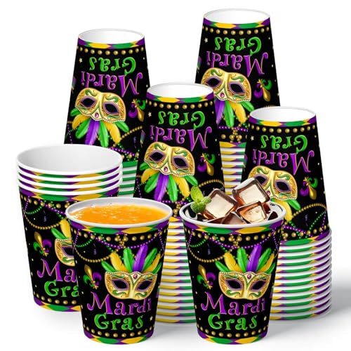 Utolily 60 Pcs Mardi Gras Party Paper Cups 9 oz Carnival Masquerade Disposable Cups Carnival Masks Celebration Parade Costume Party Supplies for Juice Coffee Hot Cold Beverage Drink